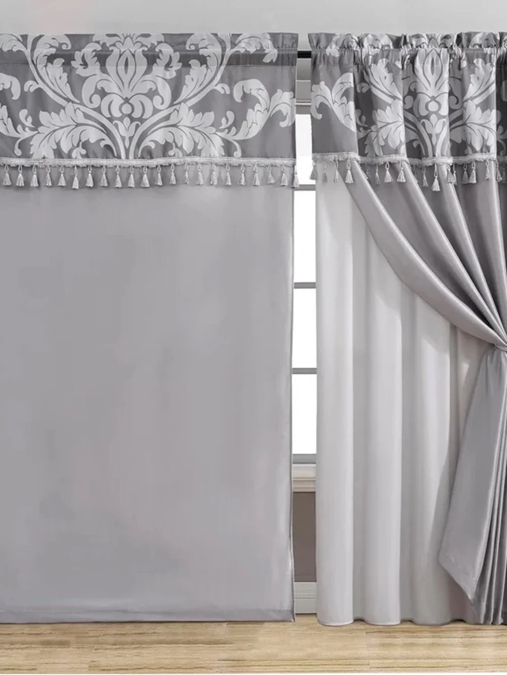 Elegant Gray Tassel Top Window Curtain Panel Set